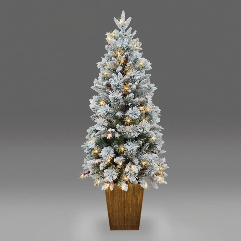 Image of Shatchi Pre Lit Potted Snow Flocked Christmas Tree with Pine Cones & Red Berries Snowy Tips 80-100 Warm White LED Lights Size: 4ft White Unisex 4ft