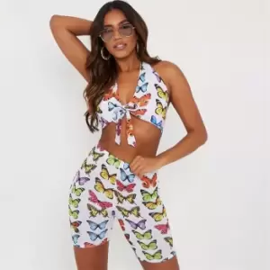 Image of I Saw It First Butterfly Print Tie Front Halterneck Crop Top - White