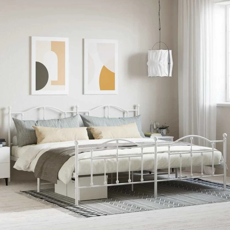 Image of Vidaxl Metal Bed Frame Without Mattress With Footboard White 200X200 Cm, White 353513