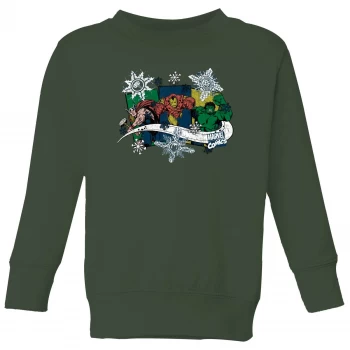 Image of Marvel Thor Iron Man Hulk Snowflake Kids Christmas Sweatshirt - Forest Green - 7-8 Years