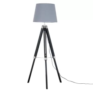 Image of Clipper Black and Chrome Tripod Floor Lamp with Grey Aspen Shade