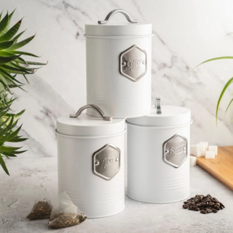 Image of Cooks Professional 3 Piece Tea Coffee Sugar Cannister Set - Labelled Kitchen Storage Tins With Airtight Lids - White & Silver