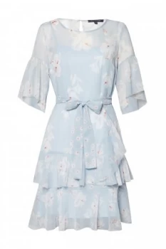 Image of French Connection Alba Sheer Tie Waist Ruffle Dress Blue