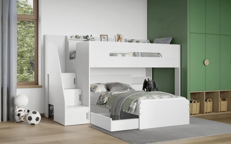 Image of Flair Stepaside Staircase L Shaped Bunk Bed in White Size: Single White Unisex Single