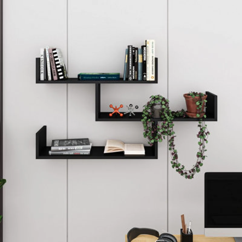 Image of DECORTIE Decortie - Tibet Wall Mounted Modern Bookcase Display Unit w 119cm Wide - Black Bute - Black Bute M.KT.01.11043.6