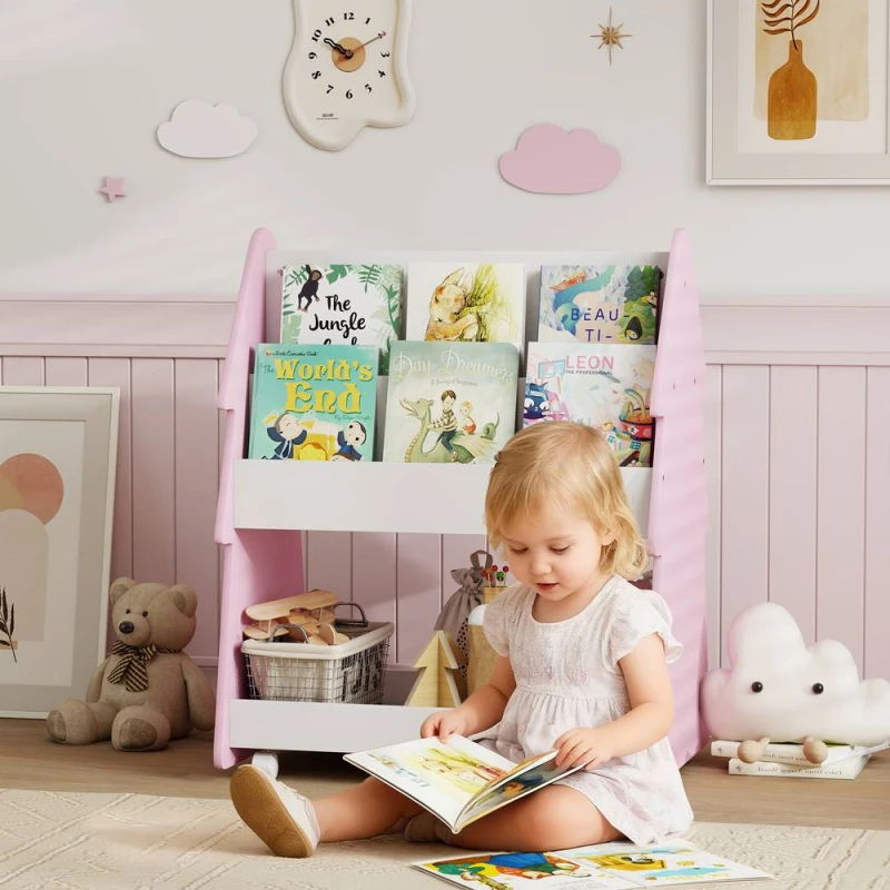 Image of AIYAPLAY Double-Sided Children's Bookcase with Wheels for Playroom, Pink Pink Unisex