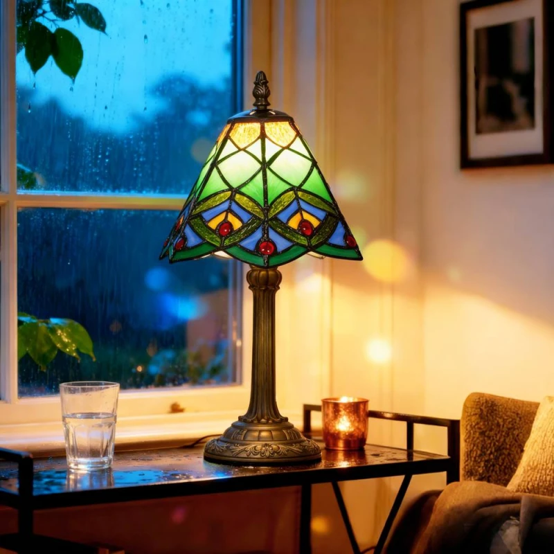 Image of HOMCOM HOMCOM Handcrafted Stained Glass Bedside Lamp, Tiffany Style Table Lamp in Green Green One Size Unisex 5063603709447