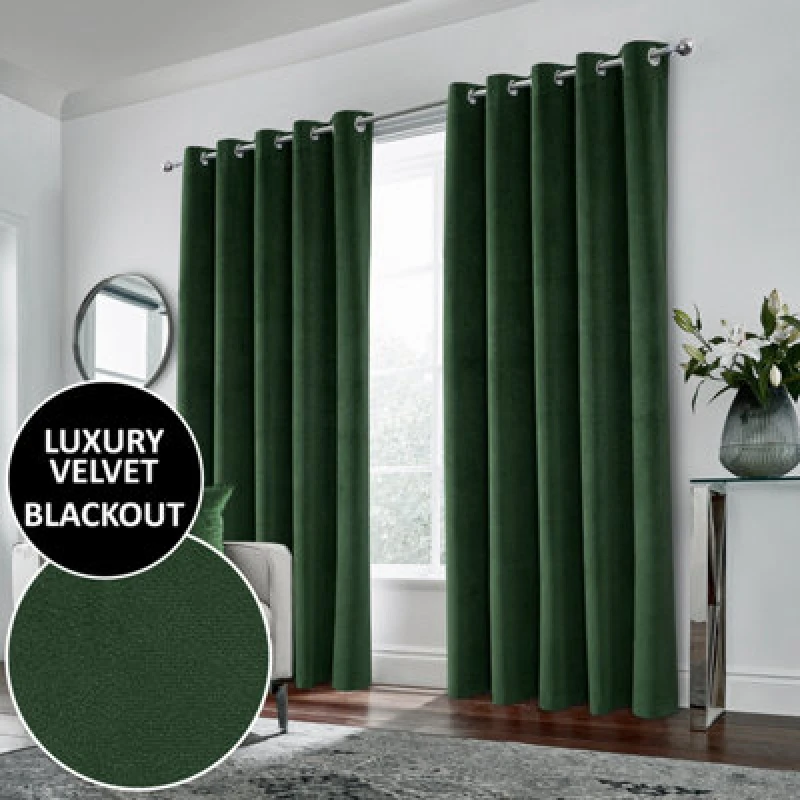 Image of Luxury Enhanced Living Green Velvet, Supersoft, 100% Blackout, Thermal Pair Of Curtains With Eyelet Top - 66 X 72" (168X183Cm)
