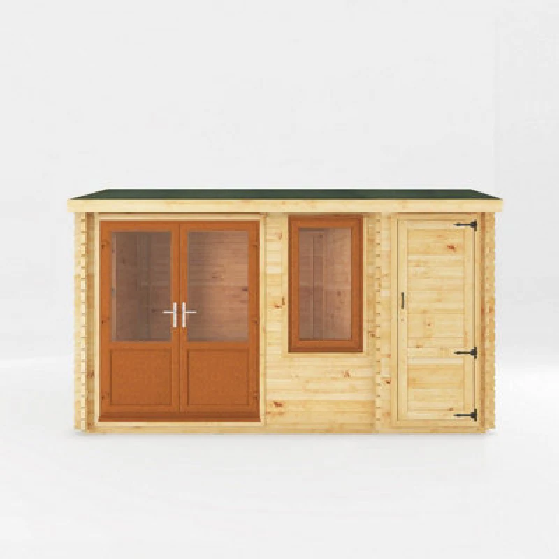 Image of Mercia 4.1 X 3 M Home Office Elite Log Cabin With Side Shed, Oak Upvc Windows And Doors - 44mm Timber - L314.3 X W416 X H260 Cm - Brown