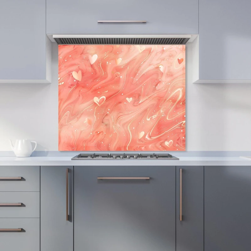 Image of Warren Reed - Designer Salmon Pink With Hearts Marble Effect Kitchen Splashback Size: 600mm x 750mm Pink Unisex 600mm x 750mm