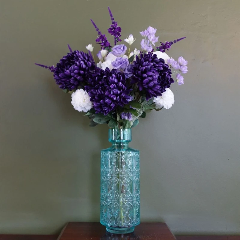 Image of Leaf Leaf 80cm Purple Chrysanthemum Arrangement Glass Vase Blue