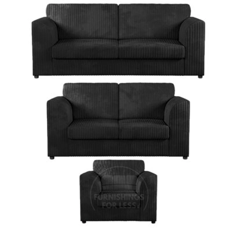 Image of Furnishings For Less UK Luxor Jumbo Cord 3 + 2 + 1 Fabric 3 Piece Sofa Suite - Fullback Black