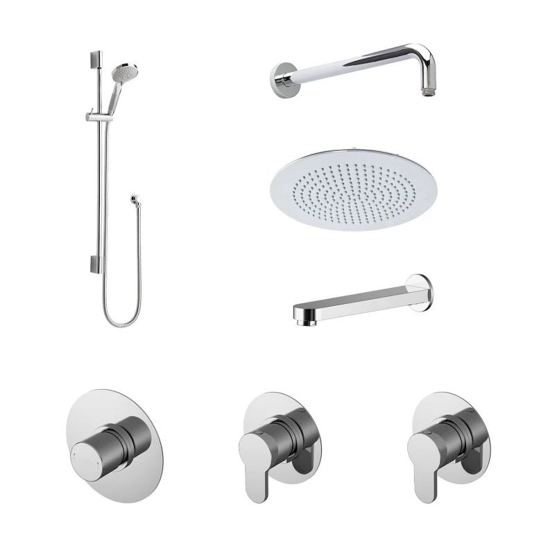 Image of Balterley 3 Outlet Concealed Valve Slide Rail Kit Wall Mount Arm Head Bath Spout in Silver Silver Unisex