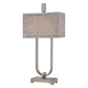 Image of 2 Bulb Table Lamp Metal Chips Off White Linen Shade Dual Old Silver LED E27 75W