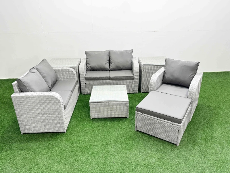 Image of Fimous High Back Poly Rattan Garden Furniture Set with Reclining Chair Loveseat Sofa Square Coffee Table Indoor Outdoor Patio Set Big Stool 2 Side Ta