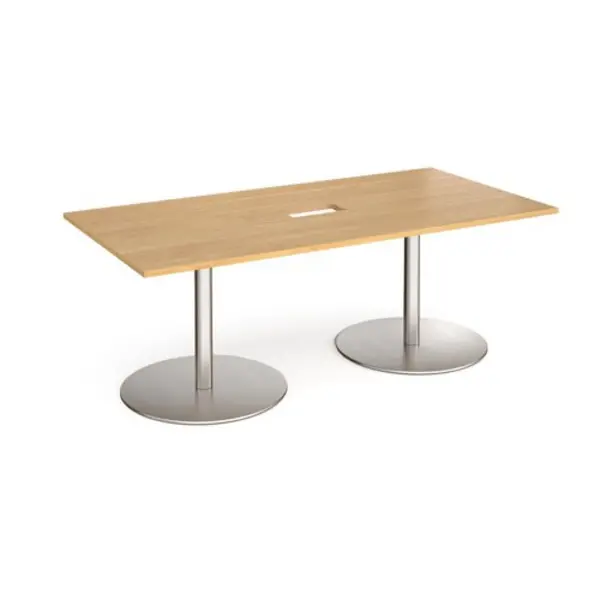 Image of Eternal Eternal rectangular boardroom table 2000mm x 1000mm with central cutout 272mm x 132mm - brushed steel base, oak top (Made-to-order 4 - 6 week