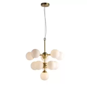 image of Ceiling Pendant Light Satin Brass Plate & Gloss White Glass 11 x 18W G9