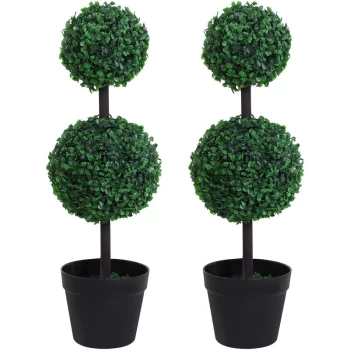 Set of 2 Artificial Trees Plants 2 Balls w/ Black Cement Pot - Outsunny