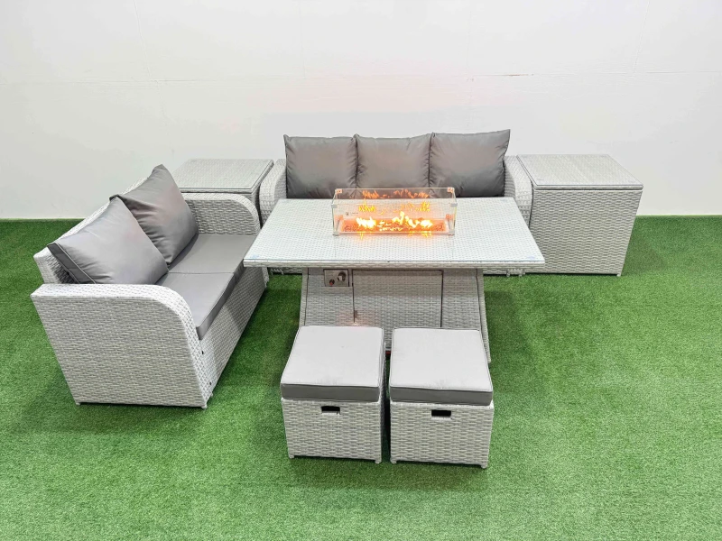 Image of Fimous 7 Seater PE Rattan Wicker Garden Furniture Patio Conservatory Sofa Set with Firepit Dining Table 3 Seater Sofa Love Sofa 2 Stools 2 Side Table