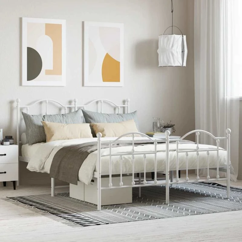 Image of Vidaxl Metal Bed Frame Without Mattress With Footboard White 140X200 Cm, White 353507