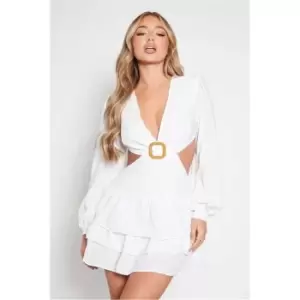 Image of I Saw It First White Woven Cut Out Frill Skater Dress - White