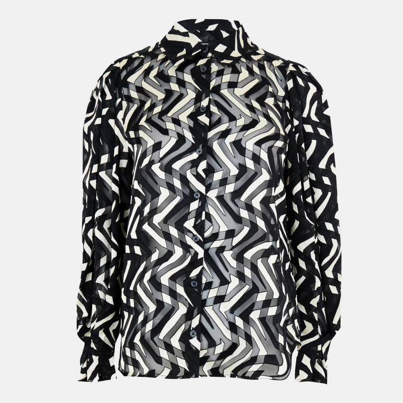Image of French Connection Womens Diandra Satin Devore Long Sleeve Blouse Black Cream female 8 (XS)