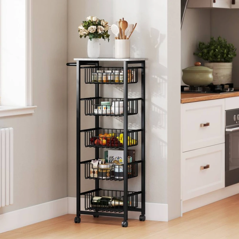 Image of HOMCOM 5-Tier Kitchen Island on Wheels with 5 Pull-Out Baskets, Light Grey Light Grey Unisex