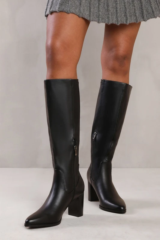 Image of Where's That From Womens 'Ainsley' Block Heel Knee High Boots with Stitch Detail in Black Size: 4 Black Female 4