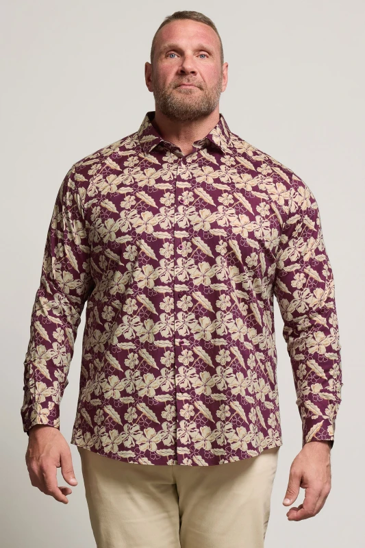 Image of BadRhino BadRhino Men Premium Leaf Print Long Sleeve Shirt in Burgundy Burgundy One Size Male 5063589043610