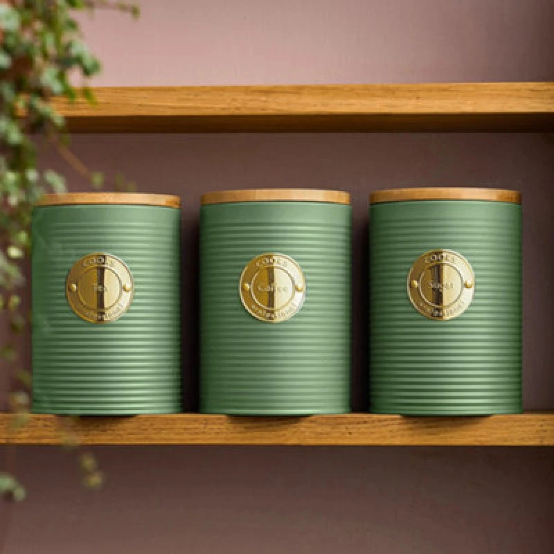 Image of Cooks Professional 3 Piece Tea, Coffee & Sugar Ribbed Canister Set With Bamboo Lids - Kitchen Storage Bins - Green & Gold