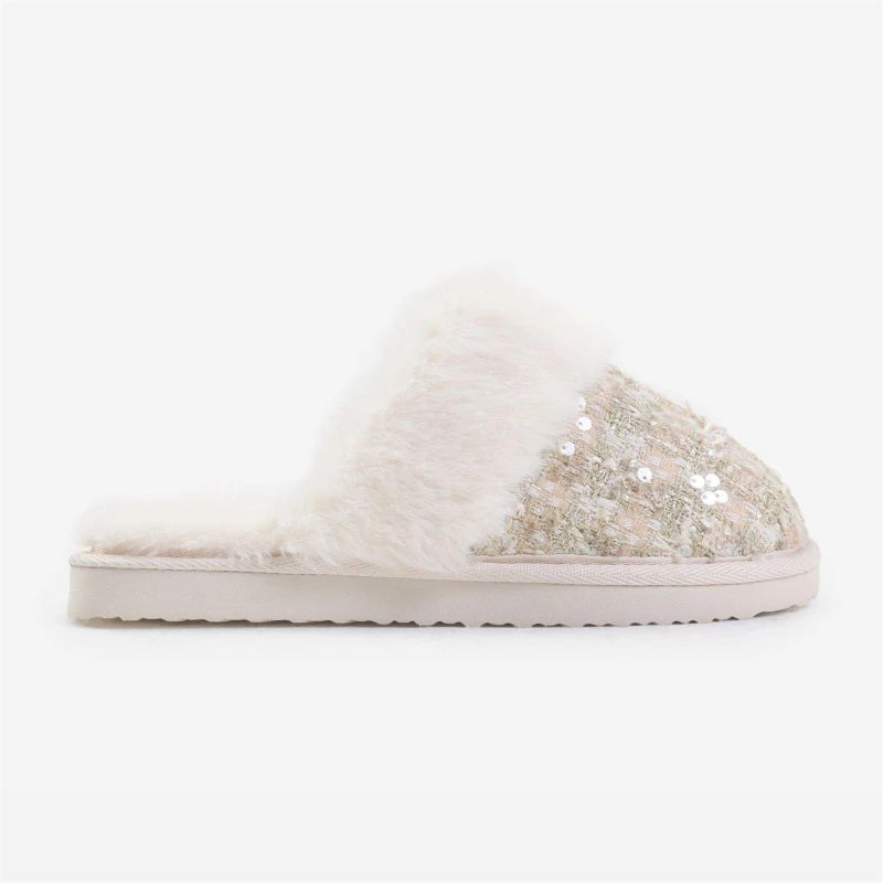 Image of Wheres That From Cozy Slip On Sequin Slippers With Fur Trim In Beig Beigegold female 4