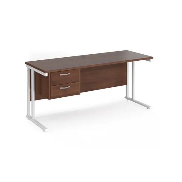 image of Maestro 25 Walnut Straight Desk with 2 Drawer Pedestal and White Cantilever Leg Frame - 1600mm x 600mm