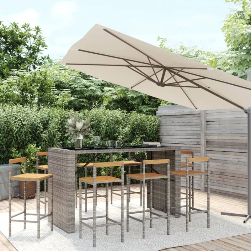 Image of VIDAXL 9 Piece Garden Bar Set Grey Poly Rattan& Solid Wood Acacia Vidaxl 3187705