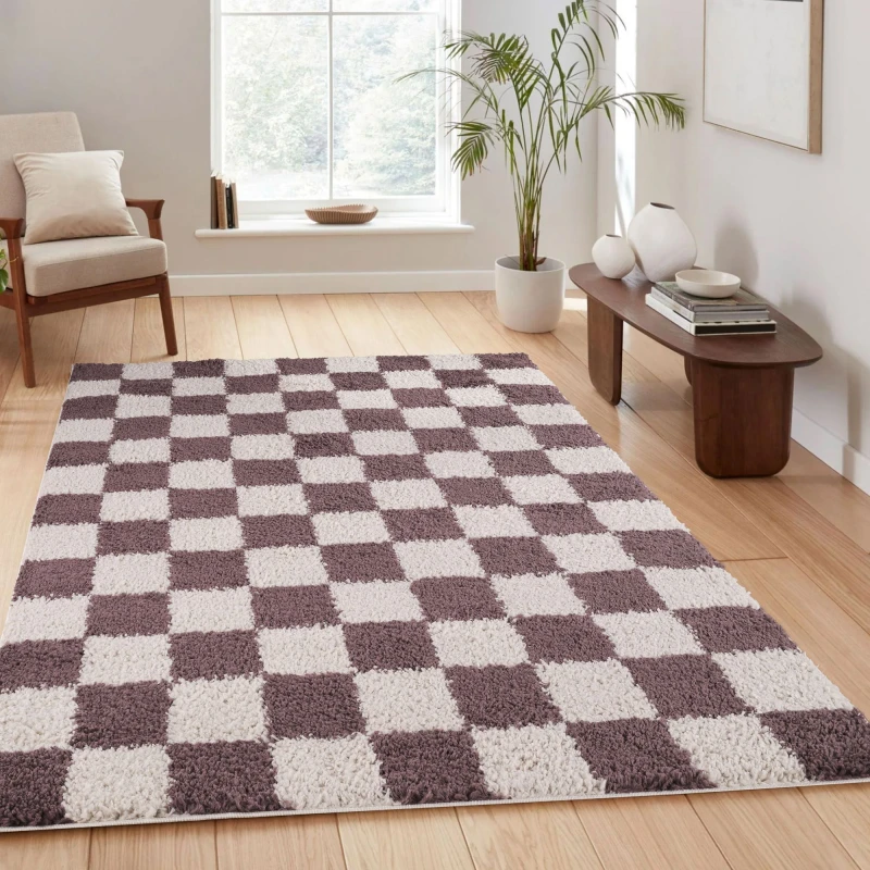 Image of Chester Living Room Shaggy Area Rug Modern - Contemporary Checkered Design - Hallway Runner Indoor Rug Lilac 60X220 Cm