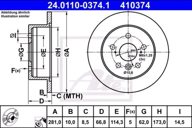 Image of ATE 24.0110-0374.1 Brake disc Solid, Coated Brake Disc (82)