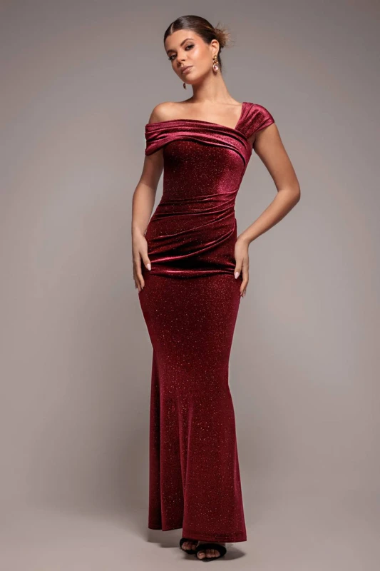 Image of Goddiva Womens Glitter Velvet One Shoulder Maxi Dress in Wine Size: 8 Wine Female 8