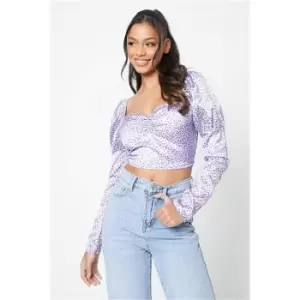 image of I Saw It First Lilac Dalmation Print Puff Sleeve Crop Top - Purple