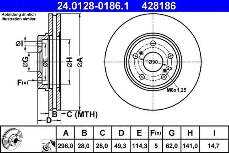 Image of ATE 24.0128-0186.1 Brake disc Vented, Coated Brake Disc (82)