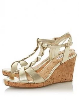 image of Dune London Koala Wide Fit Wedge Sandal, Gold Leather, Size 3, Women