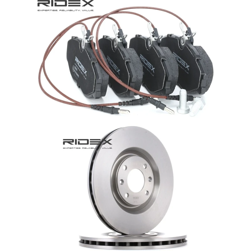 Image of RIDEX 3405B2876 Brake disc and pads set Front Axle, Brake Disc Type: internally vented, incl. wear warning contact Brake Set,disc brakes (3405)