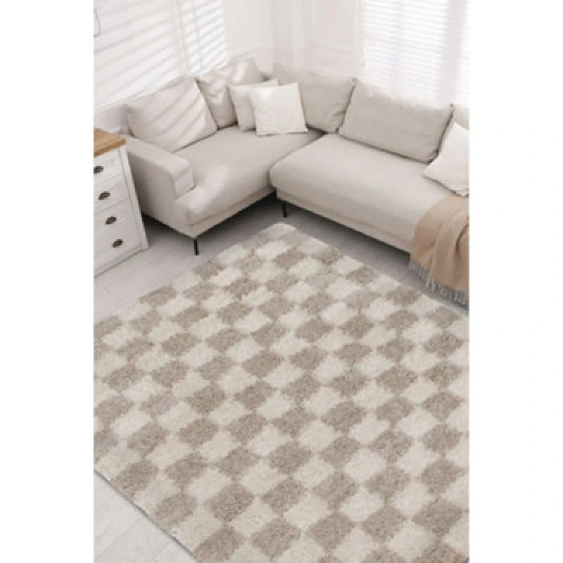 Image of Melrose Nomadic Shaggy Natural Colour Chequer Patterned Indoor Medium Area Rug 120/170Cm