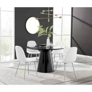 Image of Furniture Box Palma Black Semi Gloss Round Dining Table and 4 White Corona Silver Chairs