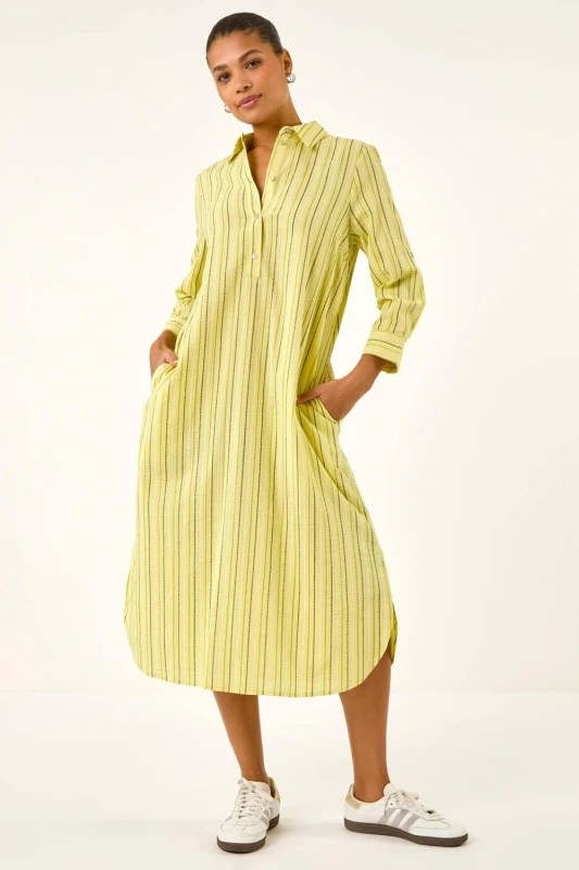 Image of Roman Womens Textured Stripe Shirt Dress in Yellow Size: 16 Yellow Female 16