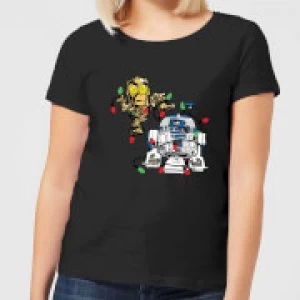 Image of Star Wars Tangled Fairy Lights Droids Womens Christmas T-Shirt - Black