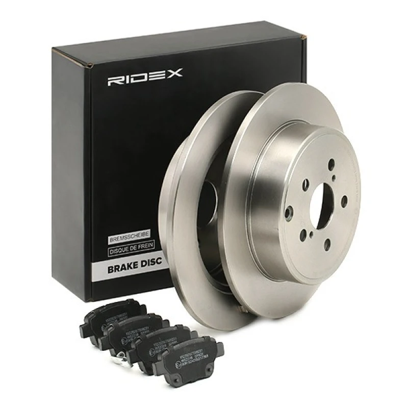 Image of RIDEX 3405B0968 Brake disc and pads set Rear Axle, Brake Disc Type: Solid, with acoustic wear warning Brake Set,disc brakes (3405)