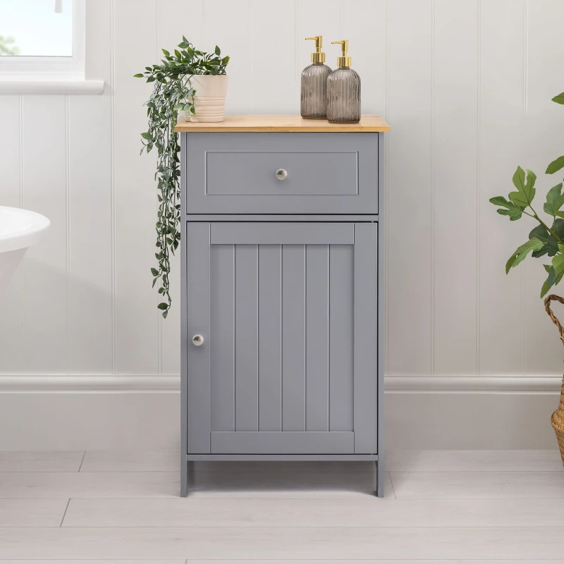 Image of Christow Grey Bathroom Drawer Unit Storage Cupboard Cabinet With Bamboo Top Grey