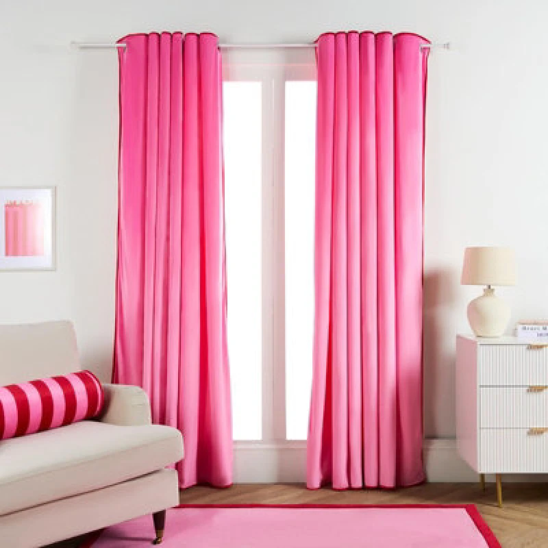 Image of OHS OHS Piped Edge Velvet Curtains Thermal Eyelet Blackout in Pink Size: 229cm width x 229cm drop Pink 229cm width x 229cm drop Unisex 5027434233014