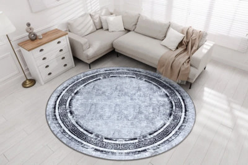 Image of RugsX Miro 51254.802 Circle Washing Carpet Marble, Greek Anti Slip - Grey / Circle 100 Cm
