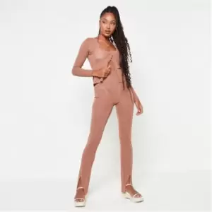 image of Missguided Sheer Knit Split Hem Trousers - Brown