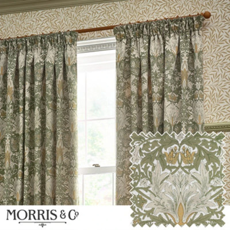 Image of Morris & Co Morris & Co Snakeshead Jacquard Chenille Room Darkening Pencil Pleat Curtains in Stone Size: 229cm width x 229cm drop Stone 229cm width